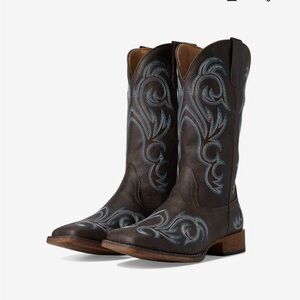 Roper Dark Brown Women’s Western Boots with Blue Embroidery Faux Leather